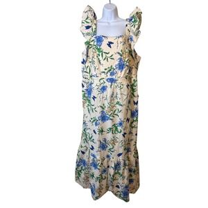 London Times 18W Floral Butterfly Maxi Dress Square Neck Ruffle Sleeve Feminine